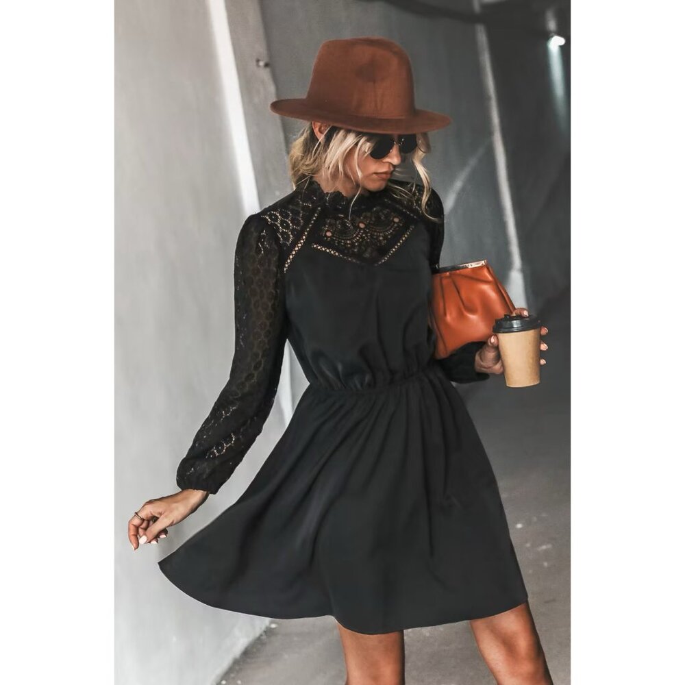 XS Cupshe Lace-Trim Long Sleeve Elastic Waist Black Mini Dress - Zaina - NWT